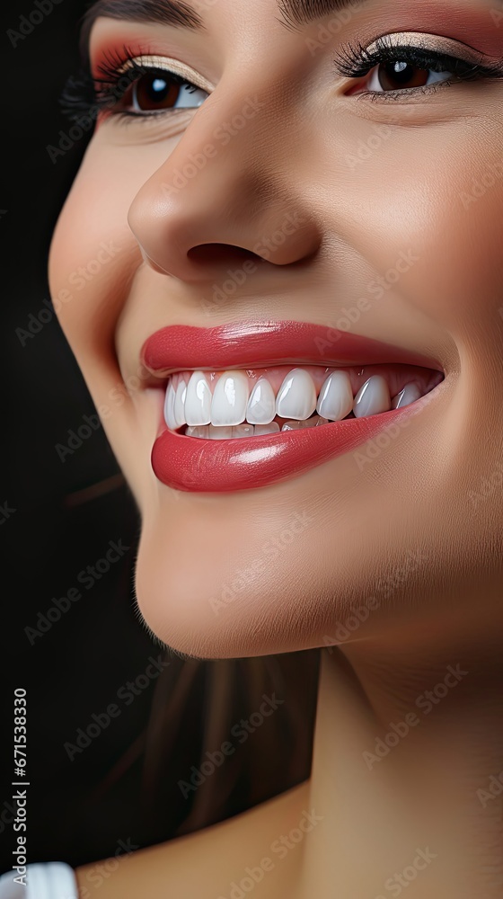 Fototapeta premium Beautiful female smile after teeth whitening procedure. Dental care. Dentistry concept. Dental care illustration. Generative AI