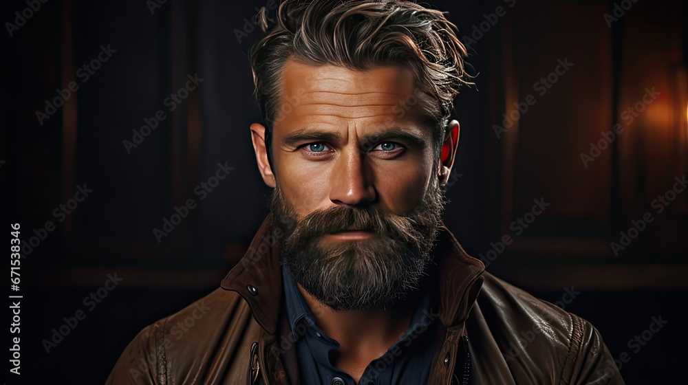 Fototapeta premium Closeup portrait of smiling handsome man 30s having bristle looking at camera over background. Man face portrait illustration. Generative AI