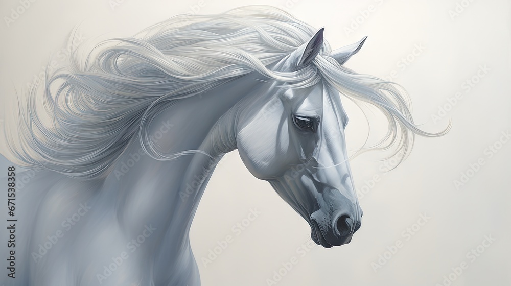  a painting of a white horse with long hair blowing in the wind on a light gray background with a white background.  generative ai