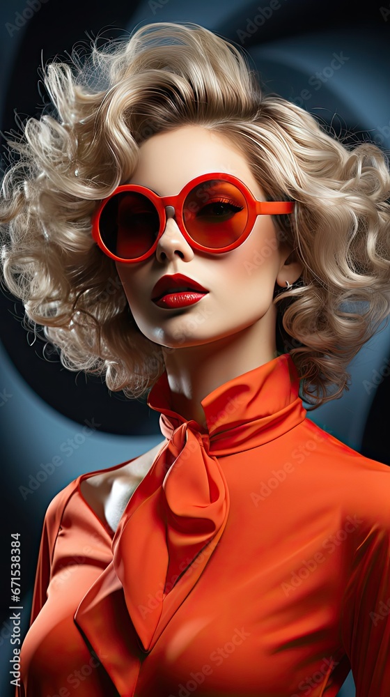 Close-up of a glamorous female model with artistic makeup wearing funky sunglasses. Attractive woman with red lipstick and nailpaint looking away on background. Model illustration. Generative AI Close-up of a glamorous female model with artistic makeup wearing funky sunglasses. Attractive woman with red lipstick and nailpaint looking away on background. Model illustration. Generative AI