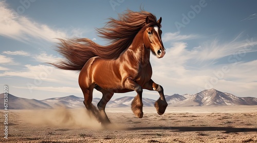  a brown horse is galloping through a desert area with mountains in the background and a blue sky with wispy clouds.  generative ai