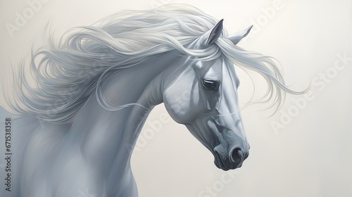  a painting of a white horse with long hair blowing in the wind on a light gray background with a white background. generative ai