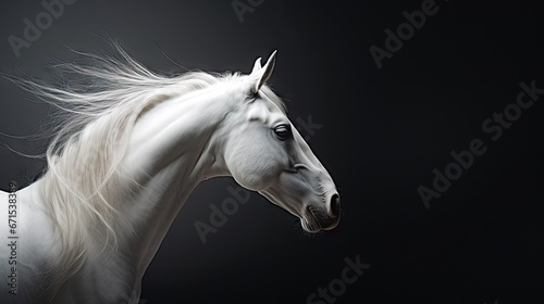  a white horse with long hair standing in front of a black background with its head turned to the side and it's hair blowing in the wind.  generative ai © Anna