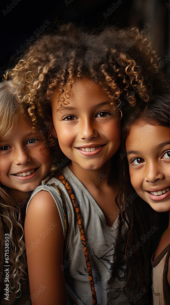 Obraz premium Closeup face of happy multiethnic children embracing each other and smiling at camera. Team of smiling kids embracing together in a circle. People portrait illustration. Generative AI