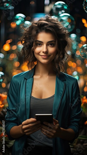 Image of young asian woman, company worker in glasses, smiling and holding digital tablet, standing over background. Smile emotion illustration. Generative AI