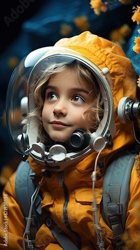 Little child girl in an astronaut costume is playing and dreaming of becoming a spaceman. Portrait of funny kid on a background. People portrait illustration. Generative AI art