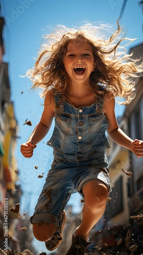 Funny child girl jumping on a background. People portrait illustration. Generative AI