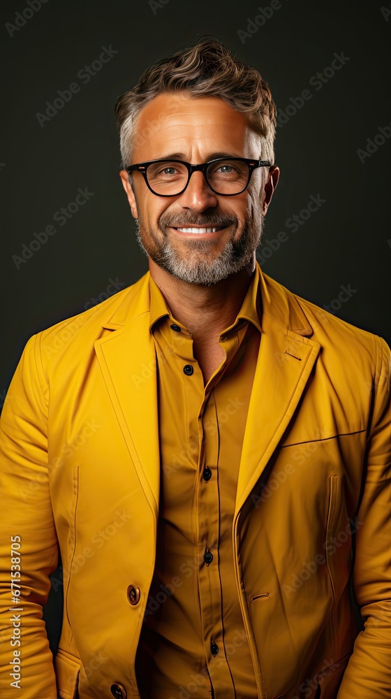 Fototapeta premium Portrait of charming mature man true boss feel content emotions wear yellow shirt over background. Man portrait illustration. Generative AI