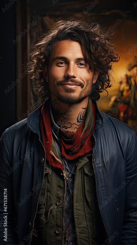 Smiling young african american man with dreadlocks in denim jacket and hat sitting on chair with folded arms and looking at camera on background. Man portrait illustration. Generative AI Smiling young african american man with dreadlocks in denim jacket and hat sitting on chair with folded arms and looking at camera on background. Man portrait illustration. Generative AI