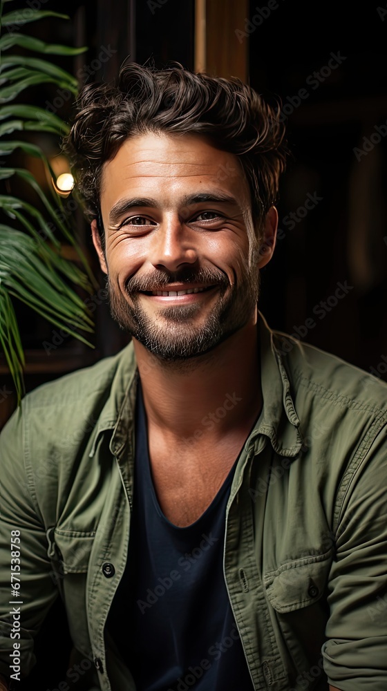Fototapeta premium Portrait of happy mid adult man sitting on sofa at home. Handsome latin man in casual relaxing on couch and smiling. Cheerful indian guy looking at camera. Generative AI art