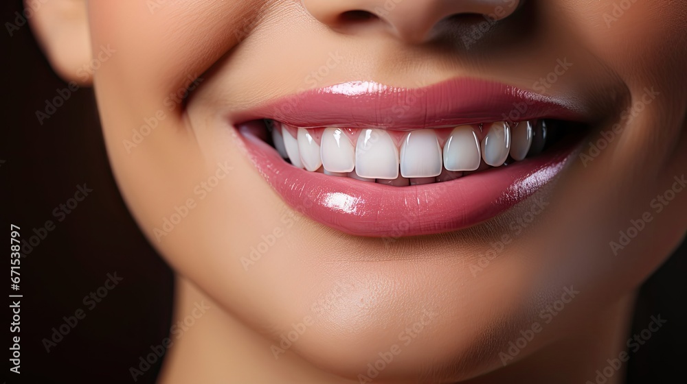 Fototapeta premium Perfect healthy teeth smile of a young woman. Teeth whitening. Dental clinic patient. Image symbolizes oral care dentistry, stomatology. Dental care illustration. Generative AI