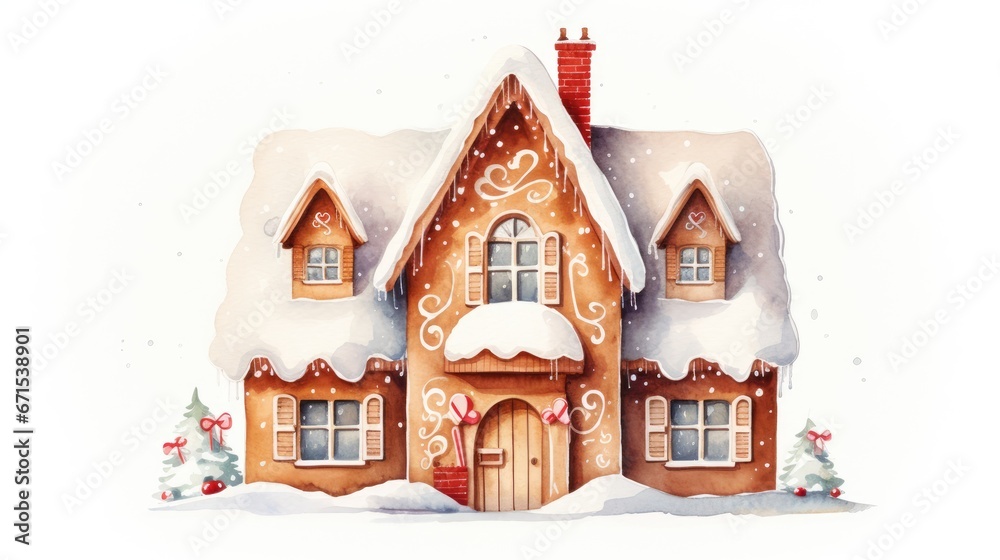  a watercolor painting of a gingerbread house with snow on the roof and a wreath on the front of the house.  generative ai