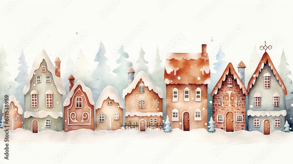  a watercolor painting of a winter scene with a row of houses in the foreground and trees in the background.  generative ai