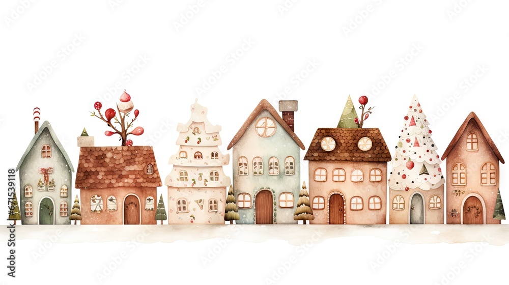  a watercolor drawing of a row of houses with christmas trees and candy canes on top of the houses.  generative ai