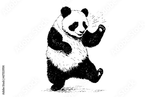 Dancing panda hand drawn ink sketch. Engraved style vector illustration.