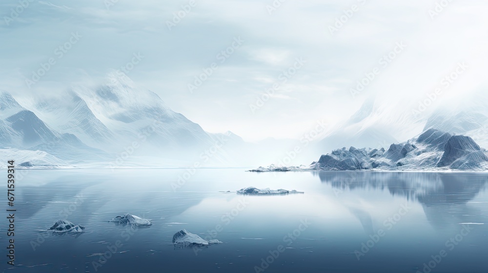  a group of icebergs floating on top of a body of water next to a snow covered mountain range.  generative ai