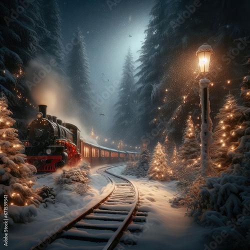 Christmas, atmospheric forest, Christmas train, snowfall, realism, in good quality © Ivan