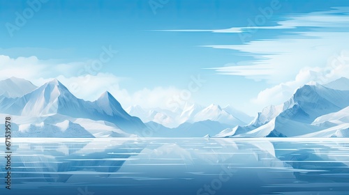  a painting of a mountain range with a body of water in the foreground and a blue sky with clouds in the background. generative ai
