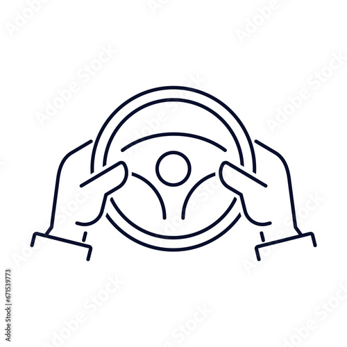 Hands on the car steering wheel. Confident management, control. Movement towards the goal, success. Vector linear icon isolated on white background.