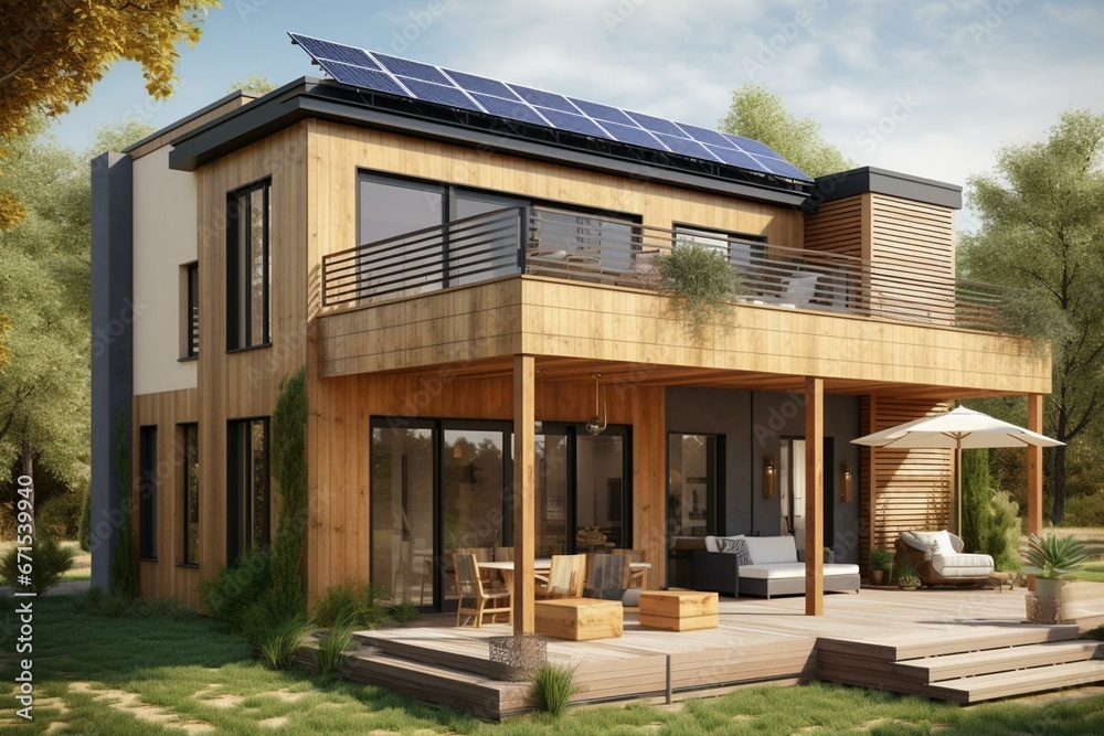 An eco-friendly house featuring solar panels, a patio with furniture, a tree, a fenced yard, and bushes. Generative AI