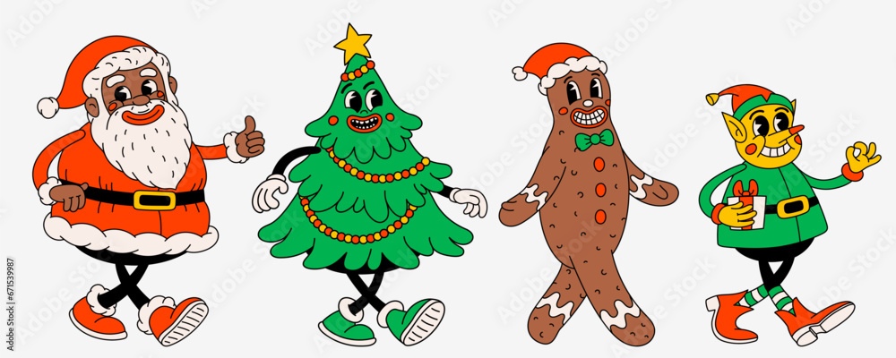 Fototapeta premium Retro style Christmas cartoon characters. Groovy vintage 70s funny black Santa Claus, Elf, ginger bread man and christmas tree with happy faces and gifts
