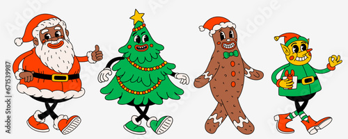 Retro style Christmas cartoon characters. Groovy vintage 70s funny black Santa Claus, Elf, ginger bread man and christmas tree with happy faces and gifts
