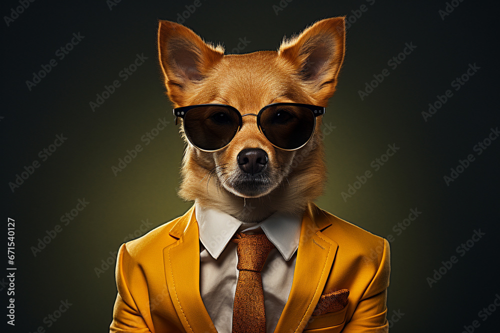 Dog dressed in a business suit, complete with stylish sunglasses. This dog executive exudes an air of authority and attitude. Ai generated Dog dressed in a business suit, complete with stylish sunglasses. This dog executive exudes an air of authority and attitude. Ai generated