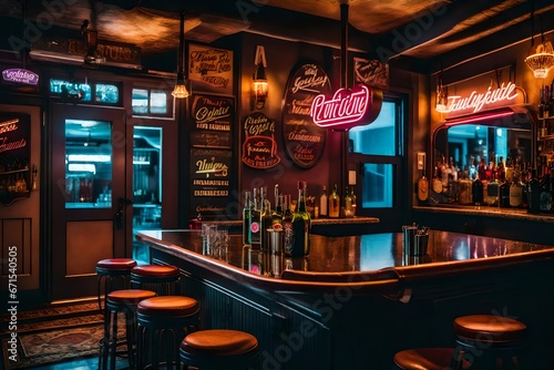A vintage-inspired bar area with retro furniture, neon signs, and a collection of classic cocktails