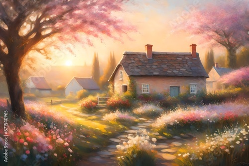 A peaceful countryside scene with a charming cottage nestled among blooming pastel flowers, bathed in the soft light of a setting sun