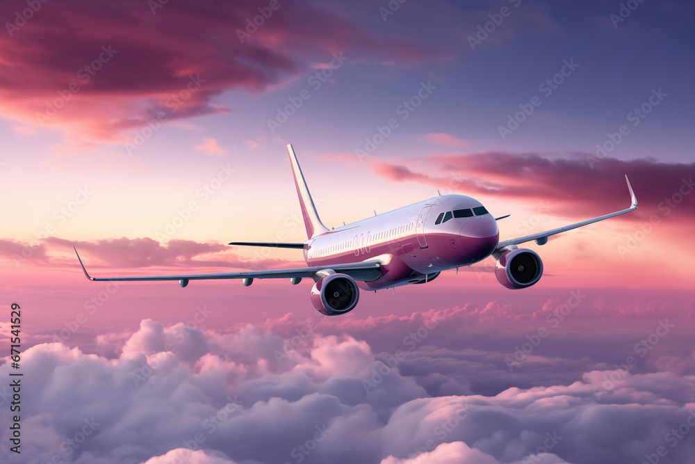 Photo of commercial airplane on pink sky - obrazy, fototapety, plakaty 