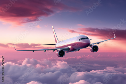 Photo of commercial airplane on pink sky photo