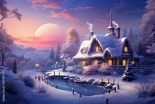 Winter fairy village, where charming houses and winding streets are blanketed in a soft, shimmering layer of snow. Ai generted
