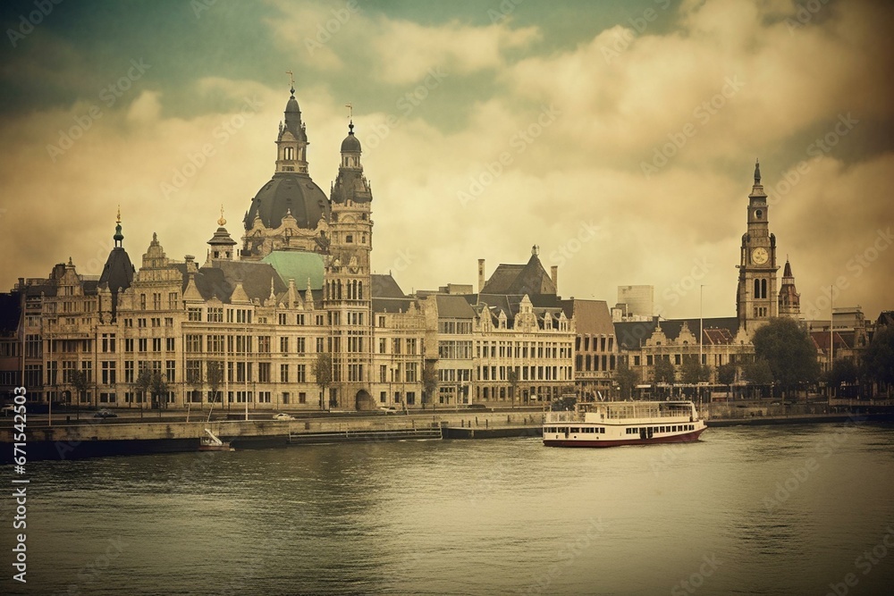 Cityscape of Antwerp, Belgium with Scheldt river & pilotage authority building. Toned coolly. Generative AI