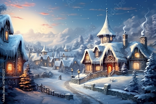 Winter fairy village, where charming houses and winding streets are blanketed in a soft, shimmering layer of snow. Ai generted