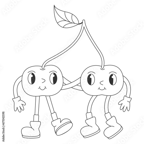 Coloring Page with Funny Retro Groovy Cartoon Hippie Berry Character. Comic Cherries hugging each other. Groovy Summer Vector Illustration. 90s Sweet Juicy Fresh Fruits