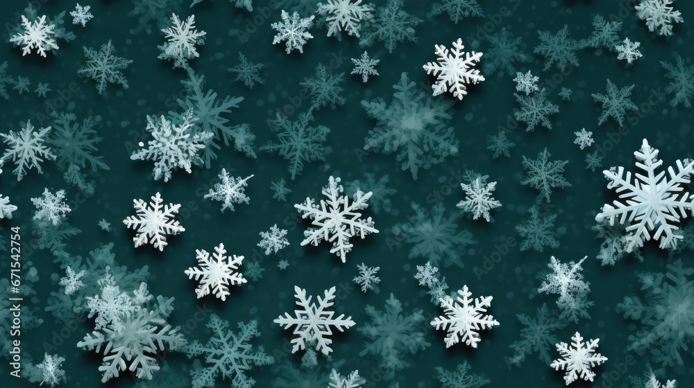  a lot of snowflakes that are on a green and black background with white snowflakes on it.  generative ai