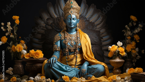 Hindu god. Vishnu, Indian lord of Hinduism. Hari god of ancient India. Hindu deity sitting on lotus flower, holding attributes. Traditional holy divinity. illustration copy space