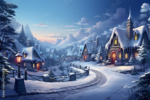 Winter fairy village, where charming houses and winding streets are blanketed in a soft, shimmering layer of snow. Ai generted