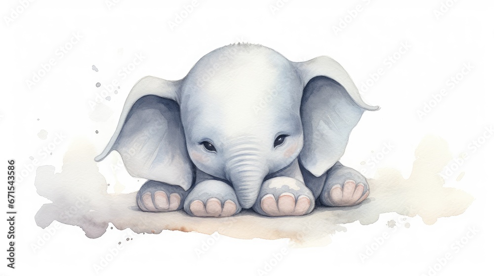  a watercolor painting of a baby elephant laying on the ground with its trunk on the ground and its head on the ground.  generative ai