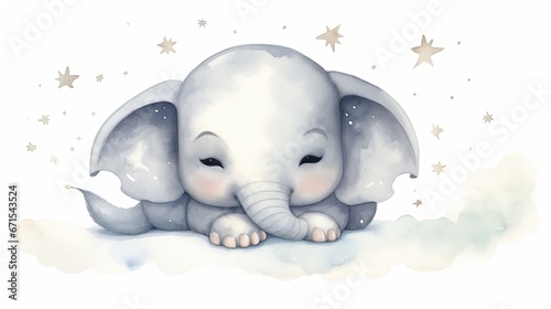  a watercolor painting of an elephant with stars on it's head and its trunk resting on the ground. generative ai