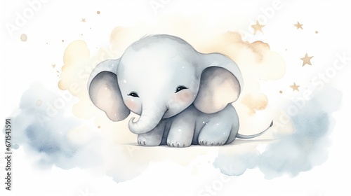 a watercolor painting of a baby elephant sitting on the ground with stars around it's head and trunk. generative ai