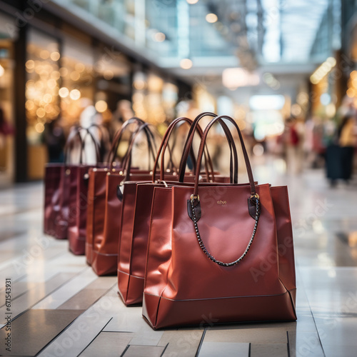 Blurred background of a modern shopping mall with some shoppers. Shoppers walking at shopping center, motion blur. Abstract motion blurred shoppers with shopping bags,