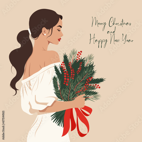 Vector flat illustration, a young woman in a dress with an open shoulder holds in her hand a bouquet of fir branches and red berries. Template for greeting Christmas card, social media post and more.