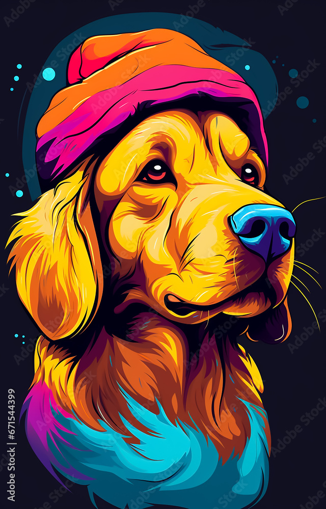 Colorful illustration poster for a Cute Dog in blue , yellow, shiny colors 