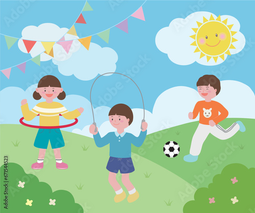 Illustration of children playing and exercising on the grass on a sunny day