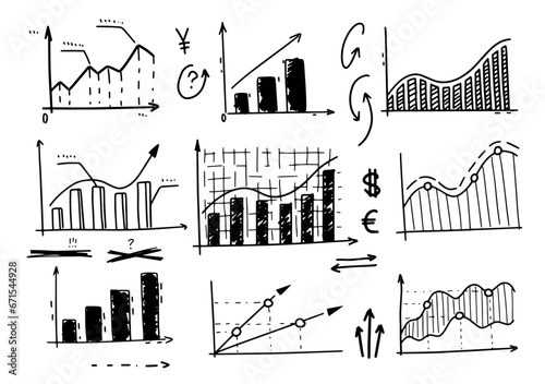 Chart graph info. Set of Sketch hand drawn infographic. Business finance data. Line doodle diagram. Graphic financial cartoon clipart. Progress report analytics