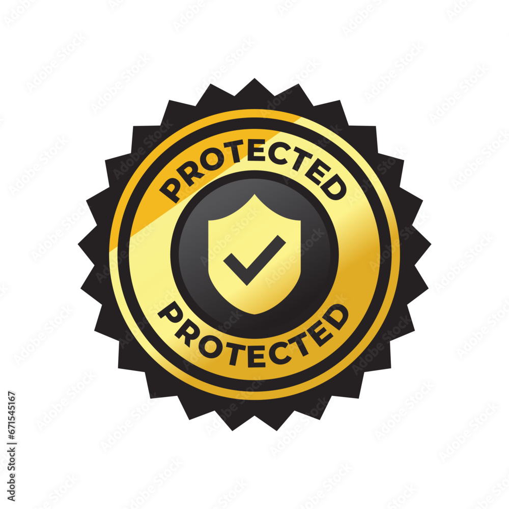 Naklejka premium Protection, protected shield concept with banner. Safety badge icon. Security label. Vector illustration