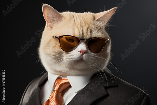 Cat dressed in a snazzy business suit, complete with stylish sunglasses. This feline executive exudes an air of authority and attitude. Ai generated