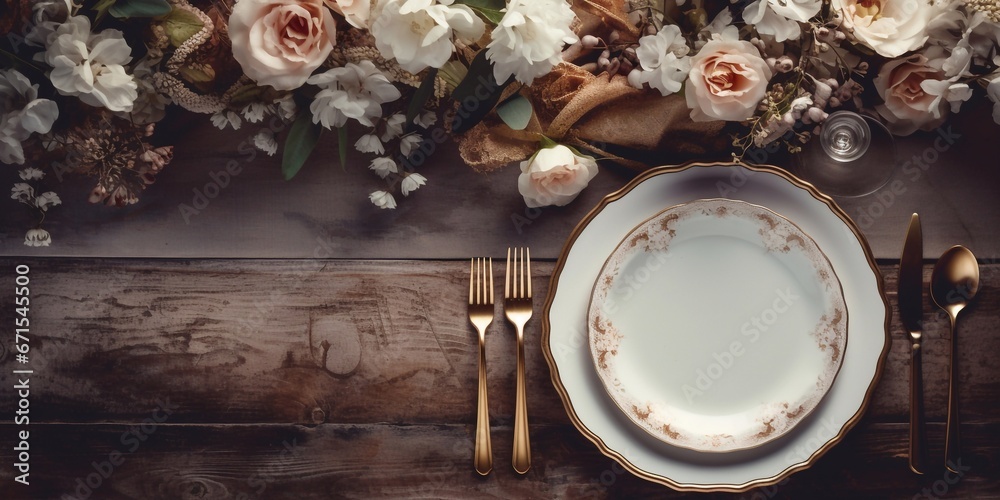 beautiful table setting with flowers and cutlery on wooden table at wedding or dinner. stylish tablewear decorations
beautiful table setting with flowers and cutlery on wooden table at wedding or dinner. stylish tablewear decorations