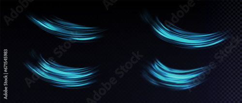 Airflow, white fumes or chilly breeze movement effect, isolated on a transparent background. Realistic vector depiction of abstract wind currents, dust movements or scratch lines.